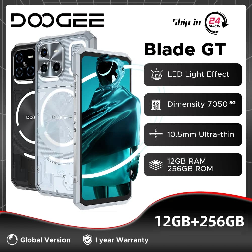 Versione globale DOOGEE Blade GT Telefono robusto 32GB(12+20) 256GB 6.72'' FHD+ 120Hz LED Effetto luce Dimensity 7050 48MP Fotocamera NFC