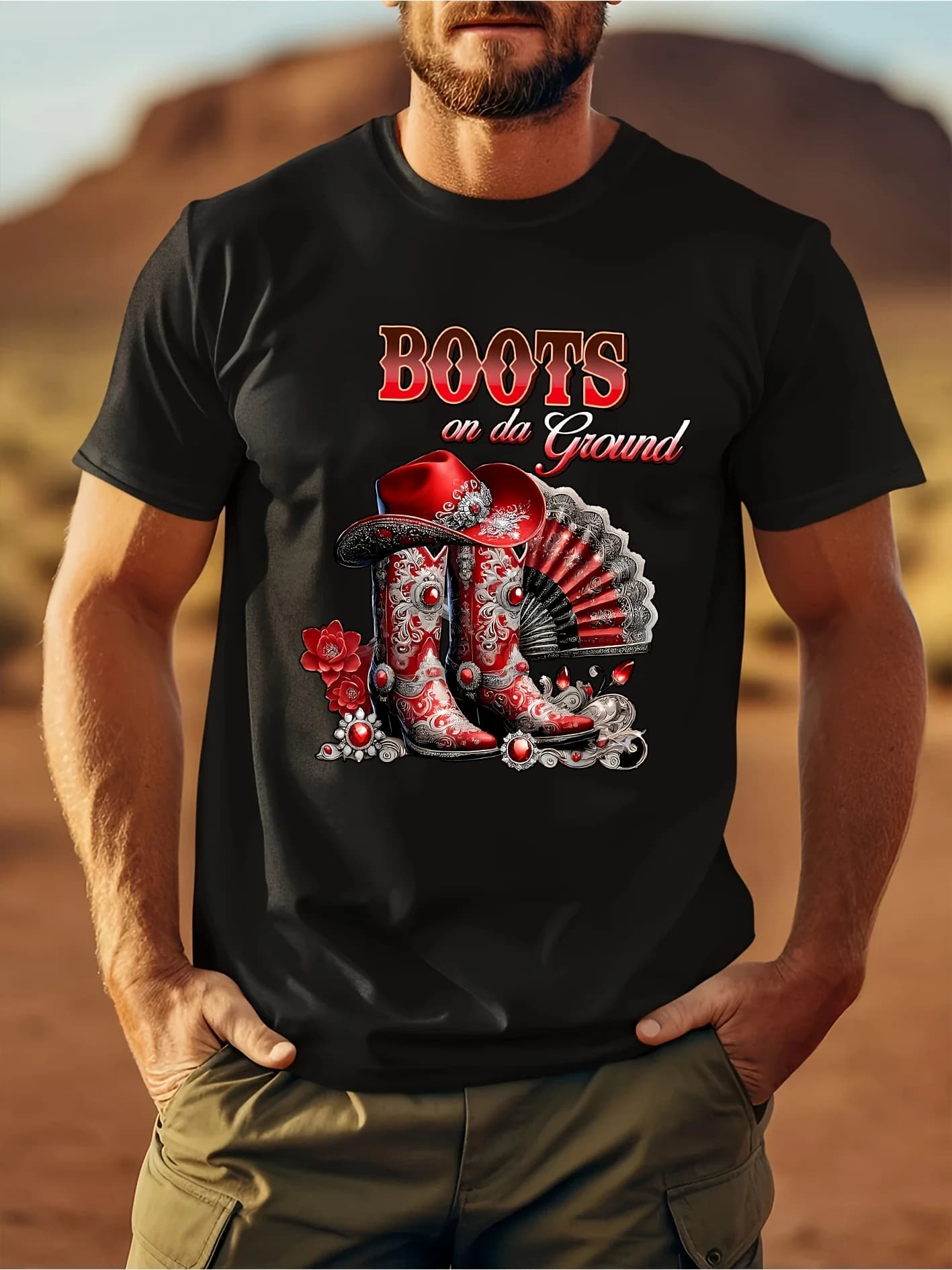 T-shirt Western Cowboy Boot - T-shirt con stampa floreale nera/rossa/bianca in cotone 100%.