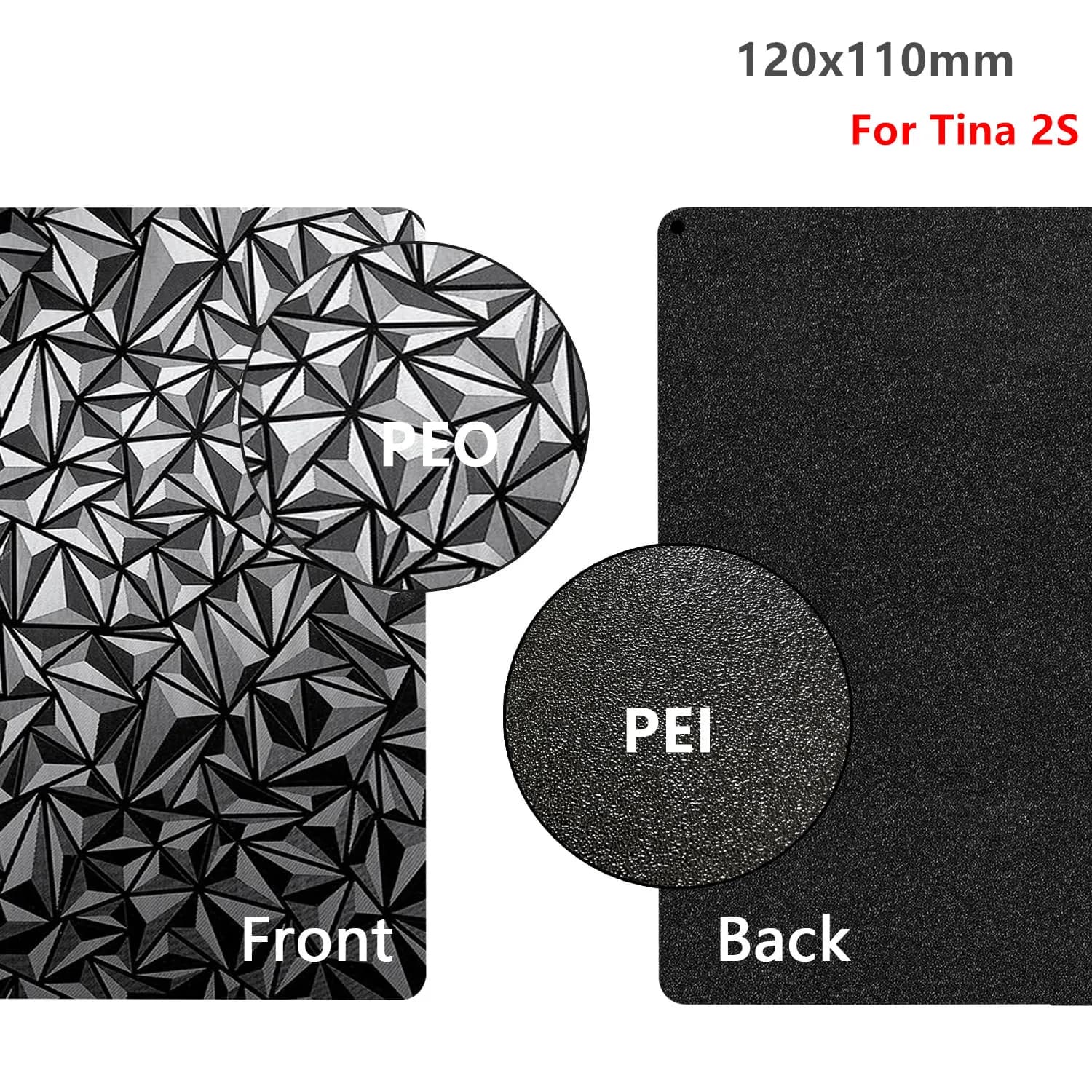 Printing Platform 110x120mm for Tina 2S, Black PEI Testurized + PEO Diamond Lyscia, Steel Flexible Spring
