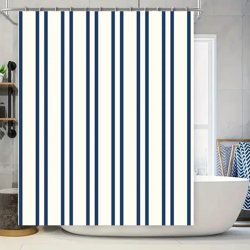 Tenda da doccia classica a strisce bianche blu Tappetino da bagno impermeabile Fodera decorativa Dimensioni rettangolari personalizzabili per l'accesso al bagno