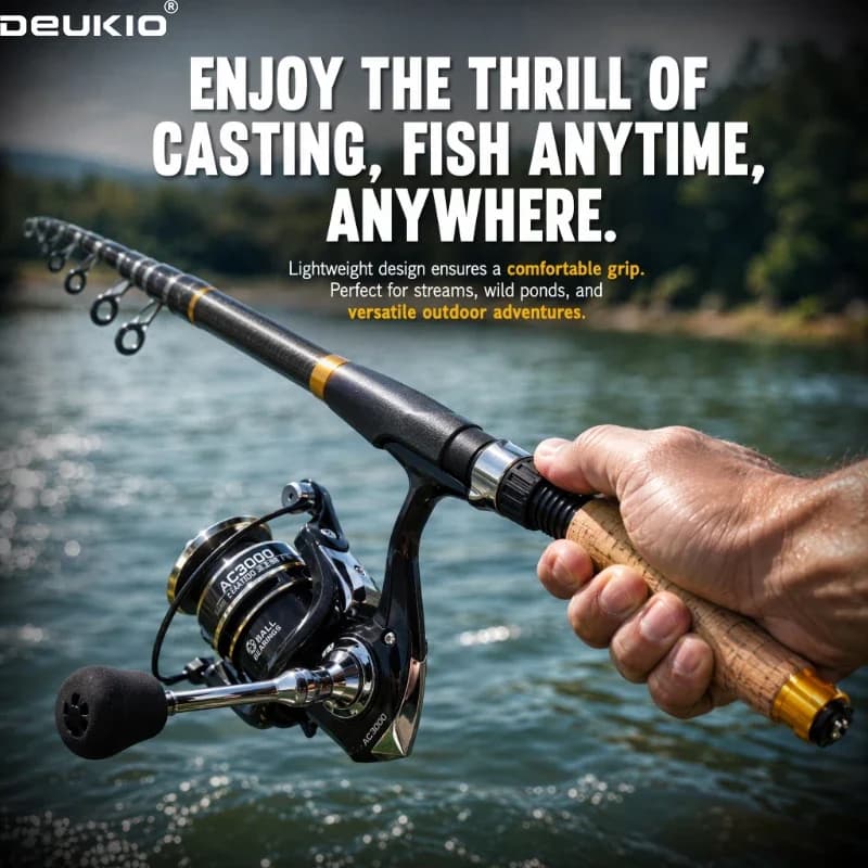 DEUKIO Spinning Fishing Pole Set Full Kit With 1.8M/2.1M Telescopic Fiber Fishing Rod And 5.2:1 2000 3000 Reel Travel Set Pesca