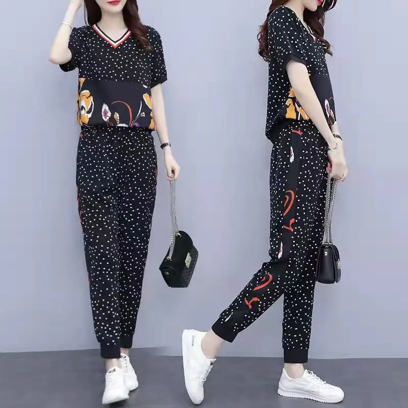 Summer plus Size Casual Sportswear Set Women's Loose Fashionable Slimming Splice Anti-Aging Short Sleeve Two-Piece Set