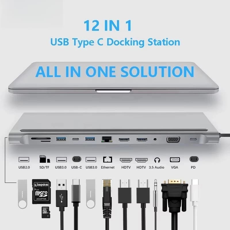 12-in-1 USB-C Docking Station Dual HDMI VGA PD 100W for MacBook PC Multi-port Adapter