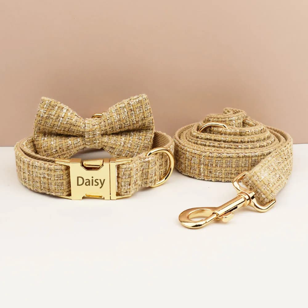 Light Khaki Dog Collar Harness And Leash Set with Custom Engraved Nameplate Personalized Pet Supplies for Dogs