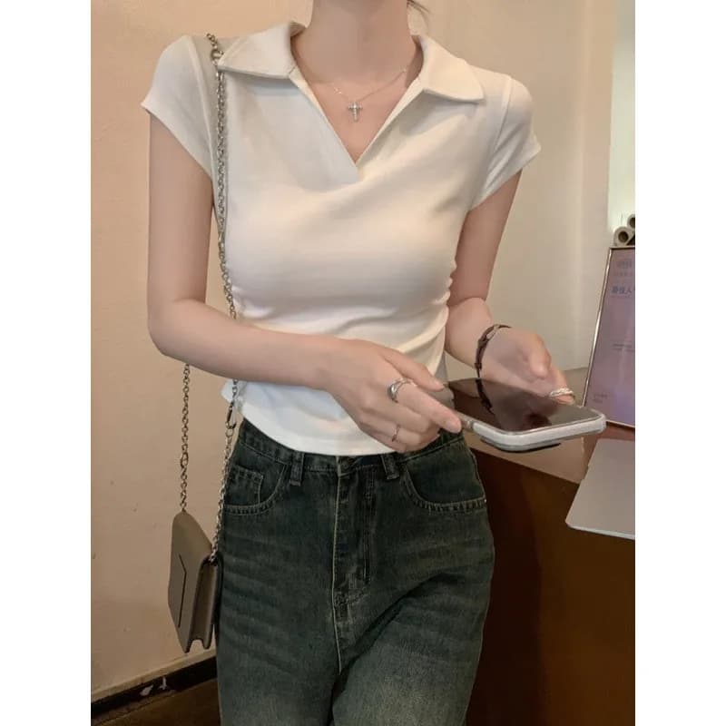 T-shirt da donna sexy estiva in cotone Skinny Slim Basic Solid Crop Top Polo a maniche corte T-shirt casual per donna