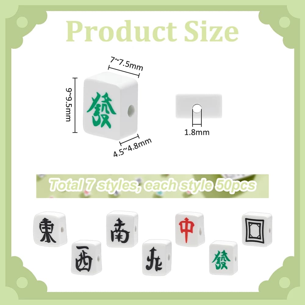 350pcs Mahjong Polymer Clay 7 Style Mahjong Tile Chinese Character Spacer Bead Rectangle Loose Spacer Bead Jewelry