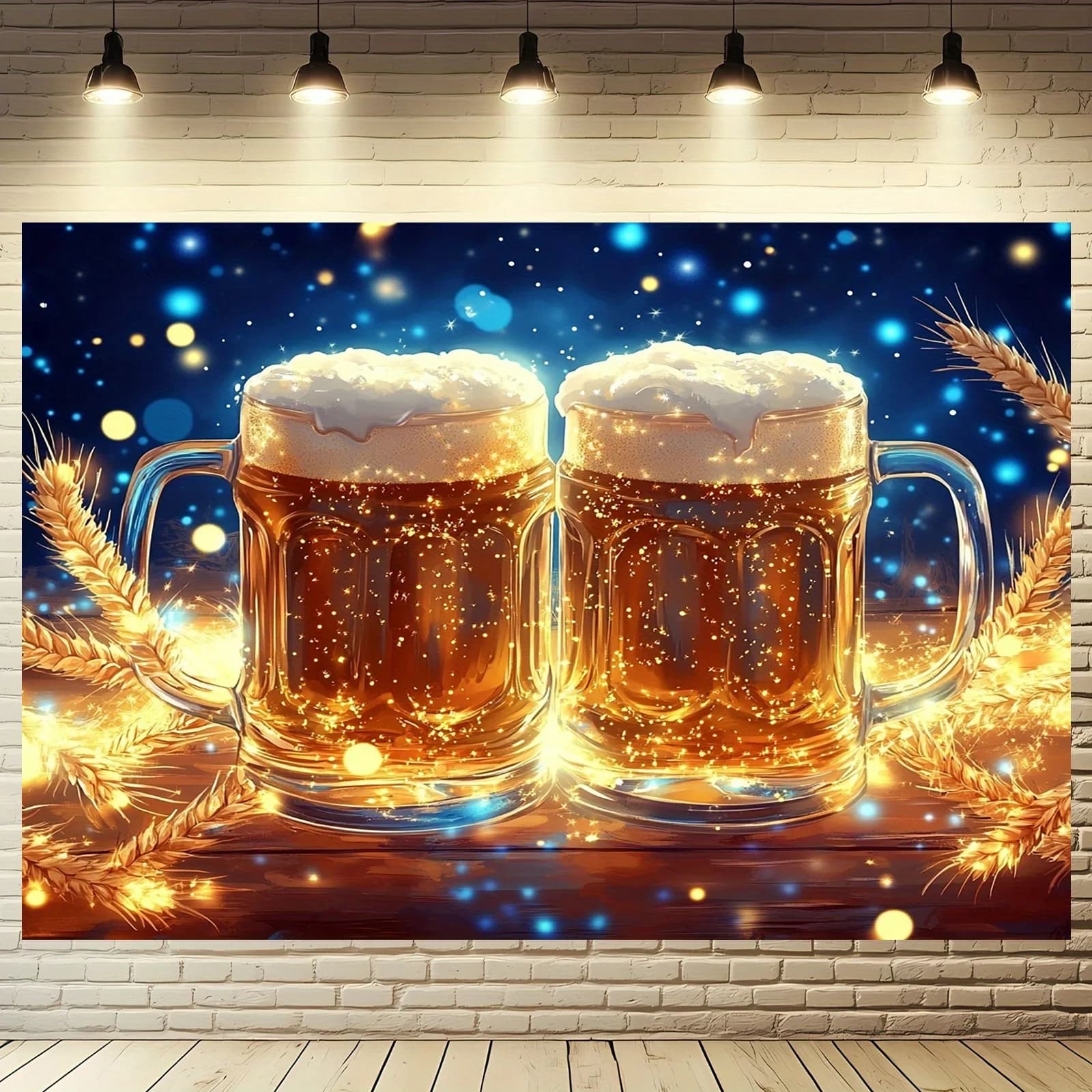 2D flat banner, 1 beer themed photography background - no power required, equipped with a golden beer mug and straw