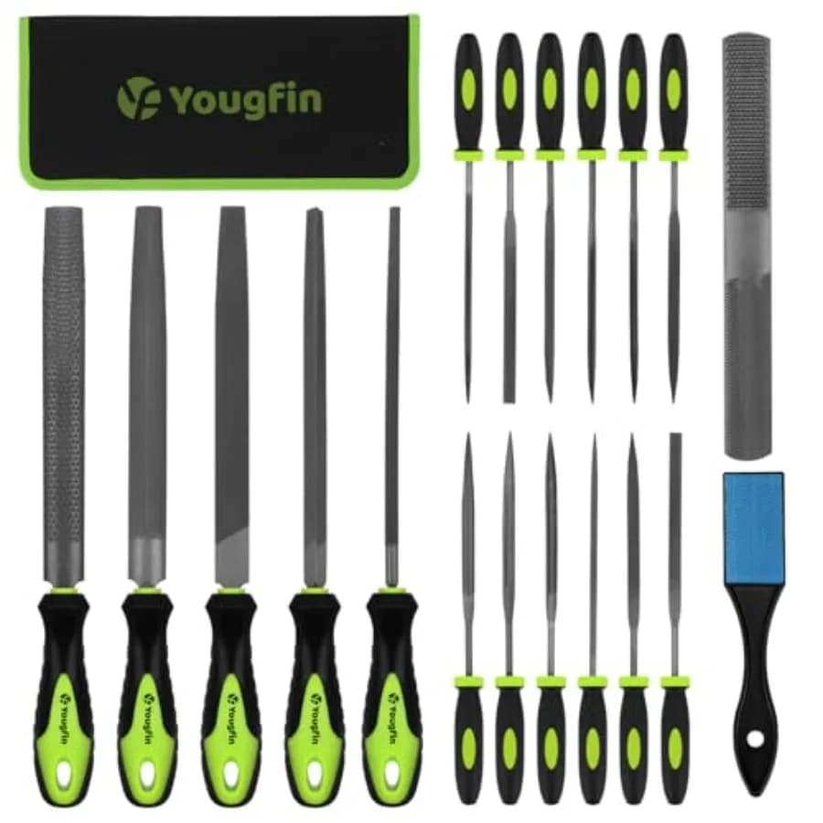 Set di lima Yougfin da 19 pezzi, include 5 lima grandi in acciaio, 12 lima per gioiellieri e spazzole metalliche, strumenti manuali ideali per lavori artigianali.