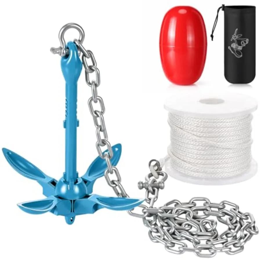 Kit Ancoraggio Kayak 4 Pezzi con Ancora da 1,5 kg per Paddle Board, Catena di Ancoraggio con 2 Grillole, Treccia Solida MFP da 1/4 di Pollice e 98 Piedi