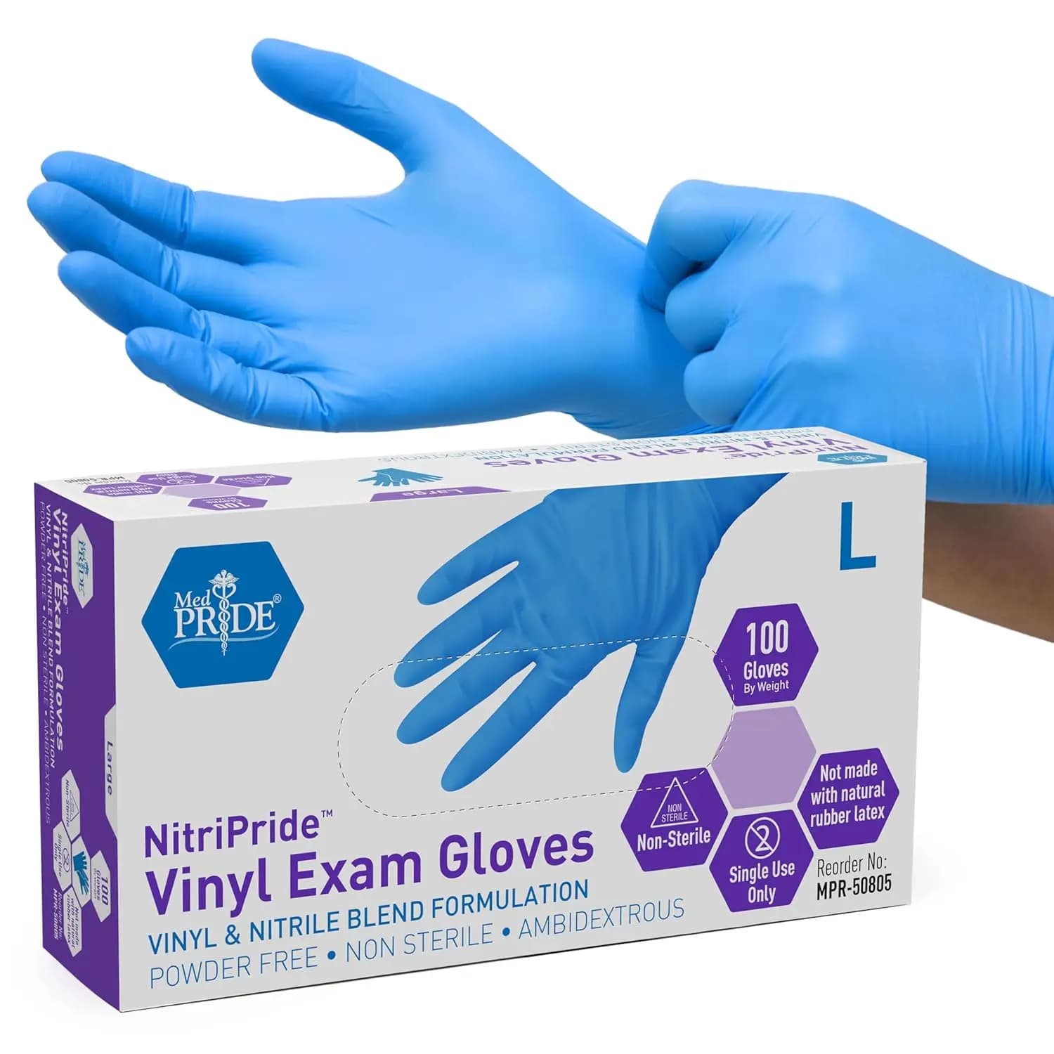 Nitrile/Vinyl Blend Exam Gloves, Powder-Free, Latex-Free, Disposable, Non-Sterile, Blue, Large (Box of 100)