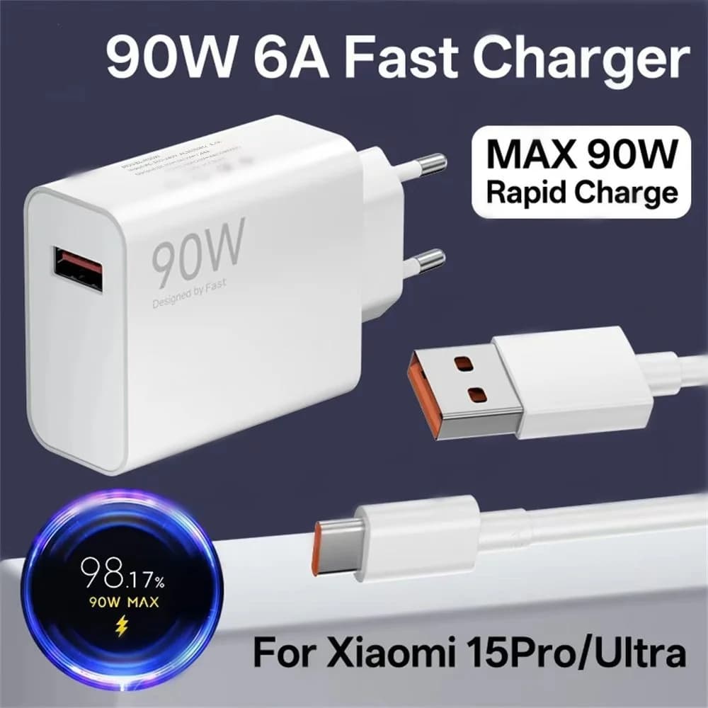 Caricatore USB da 90W 6A, Caricatore da Muro Turbo per Xiaomi 11 12 Lite 13T 14 15 Ultra Redmi Note 11T 12T, Adattatore per Ricarica Rapida del Telefono