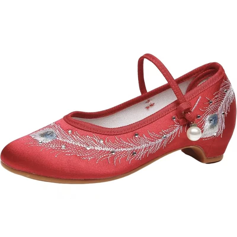 Women New Low Heel Silk Embroidered Cheongsam Shoes Ethnic Style Spring Autumn Soft Sole Round Toe Buckle Strap Hanfu Shoes