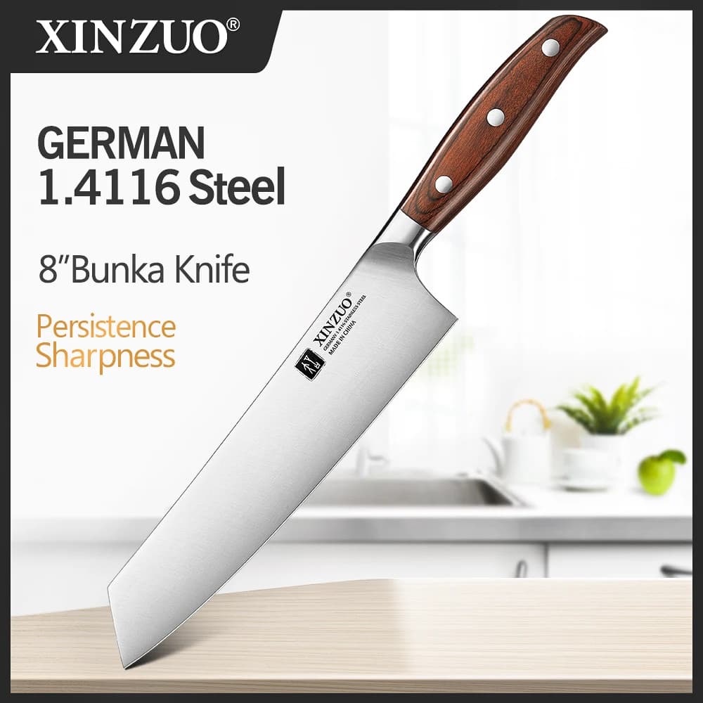 XINZUO Coltello da cucina da 20,4 cm Coltello Bunka Lama tedesca in acciaio inossidabile Lama durevole con manico in legno Pakka premium facile da pulire