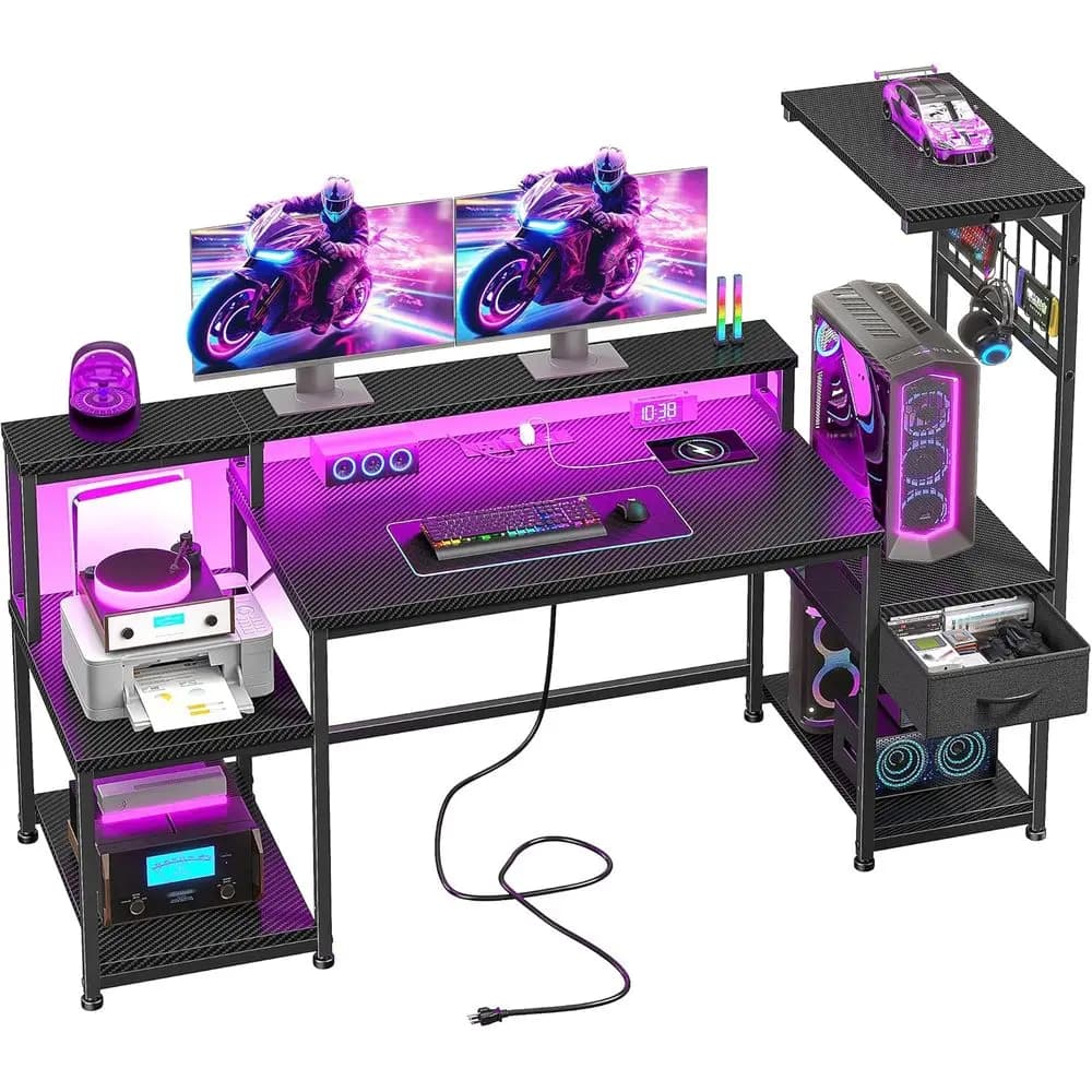 LED-Illuminated 55 Gaming Desk with Storage Shelves, Outlets, and Monitor Stand for Home Office or Study Room - Black