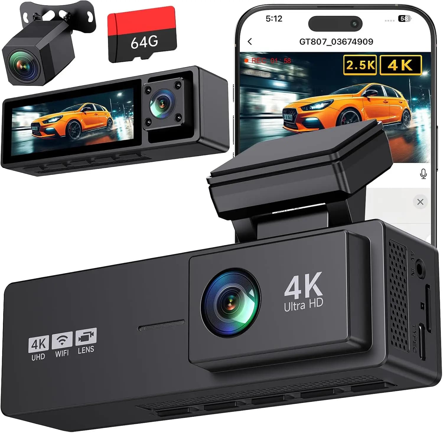 4K 3-Channel Dash Cam: Front 4K + Rear 2.5K + Inside 1080P, WiFi, Night Vision, 64GB Card