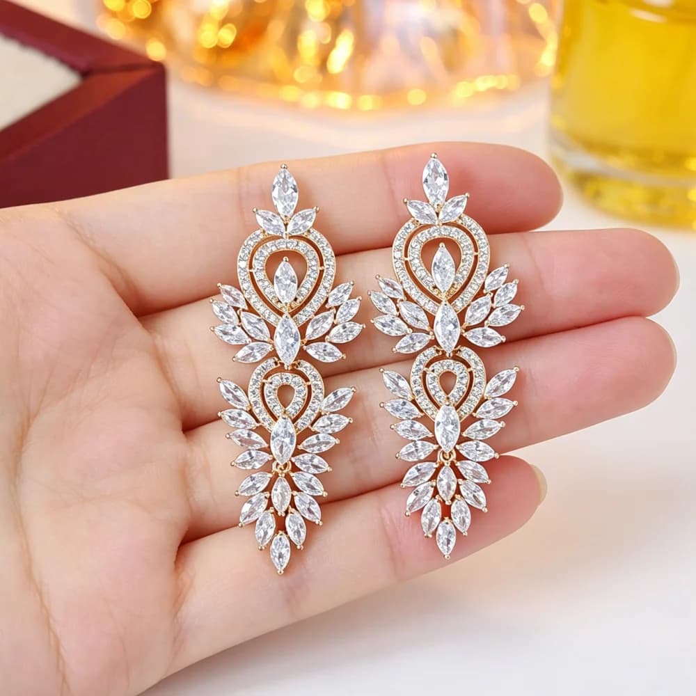 Luxury Leaf Marquise Zircon Long Drop Dangle Earrings Shiny Cubic Zirconia Bridal Women's Wedding Party Jewelry Accessories