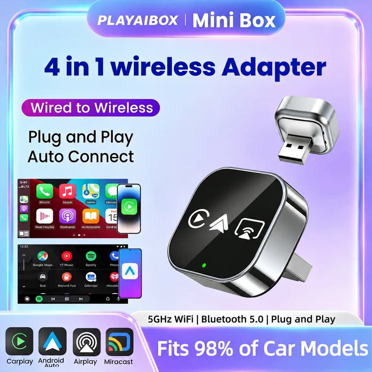 Upgrade 4 in 1 Wireless CarPlay Android Auto Adapter Smart Box Car Play Dongle Plug&Play Airplay Mirror Link For iPhone Android