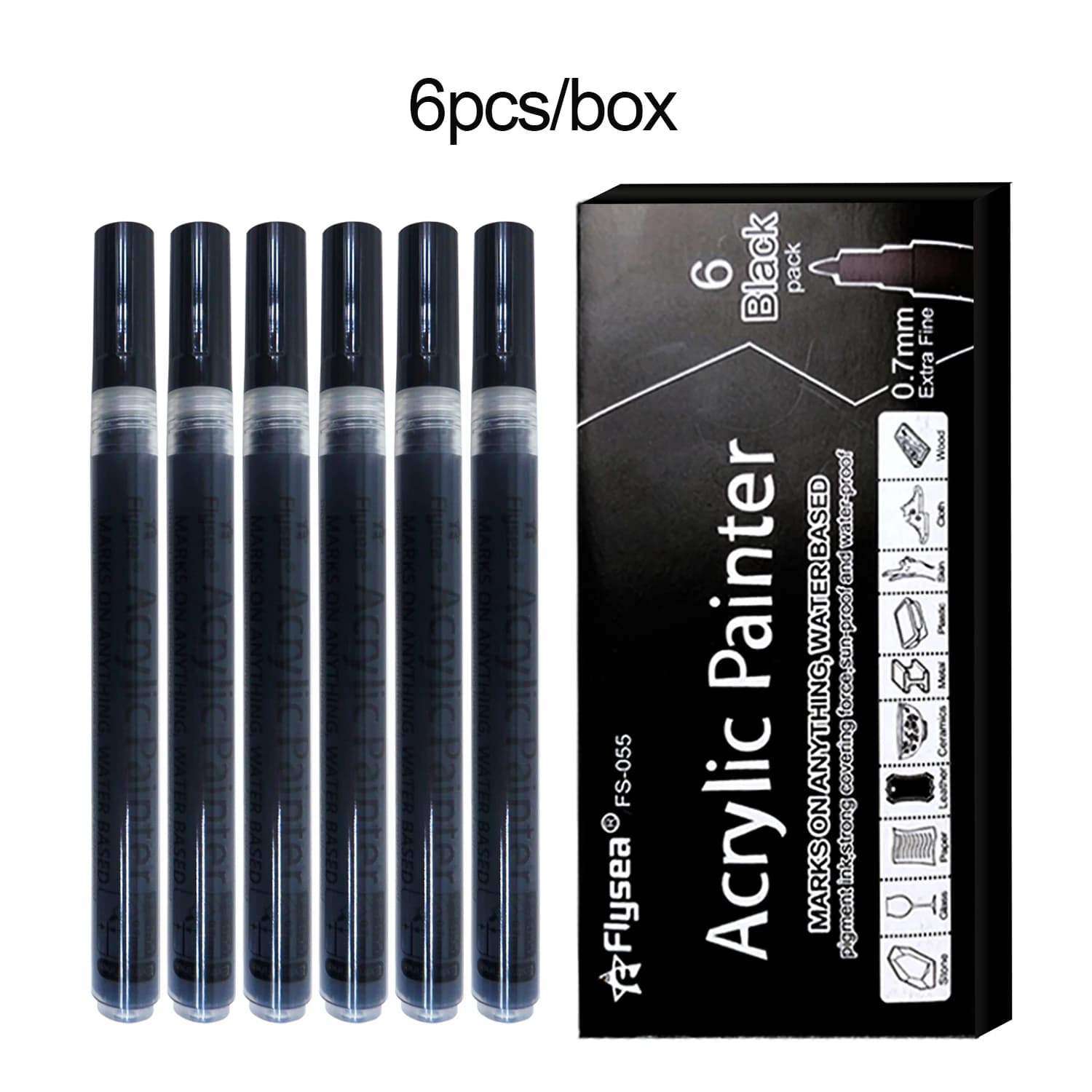 6Pcs/set Black Acrylic Paint Pen for Rock Painting, Stone, Ceramic, Glass, Wood, Tire, Fabric Metal, Canvas