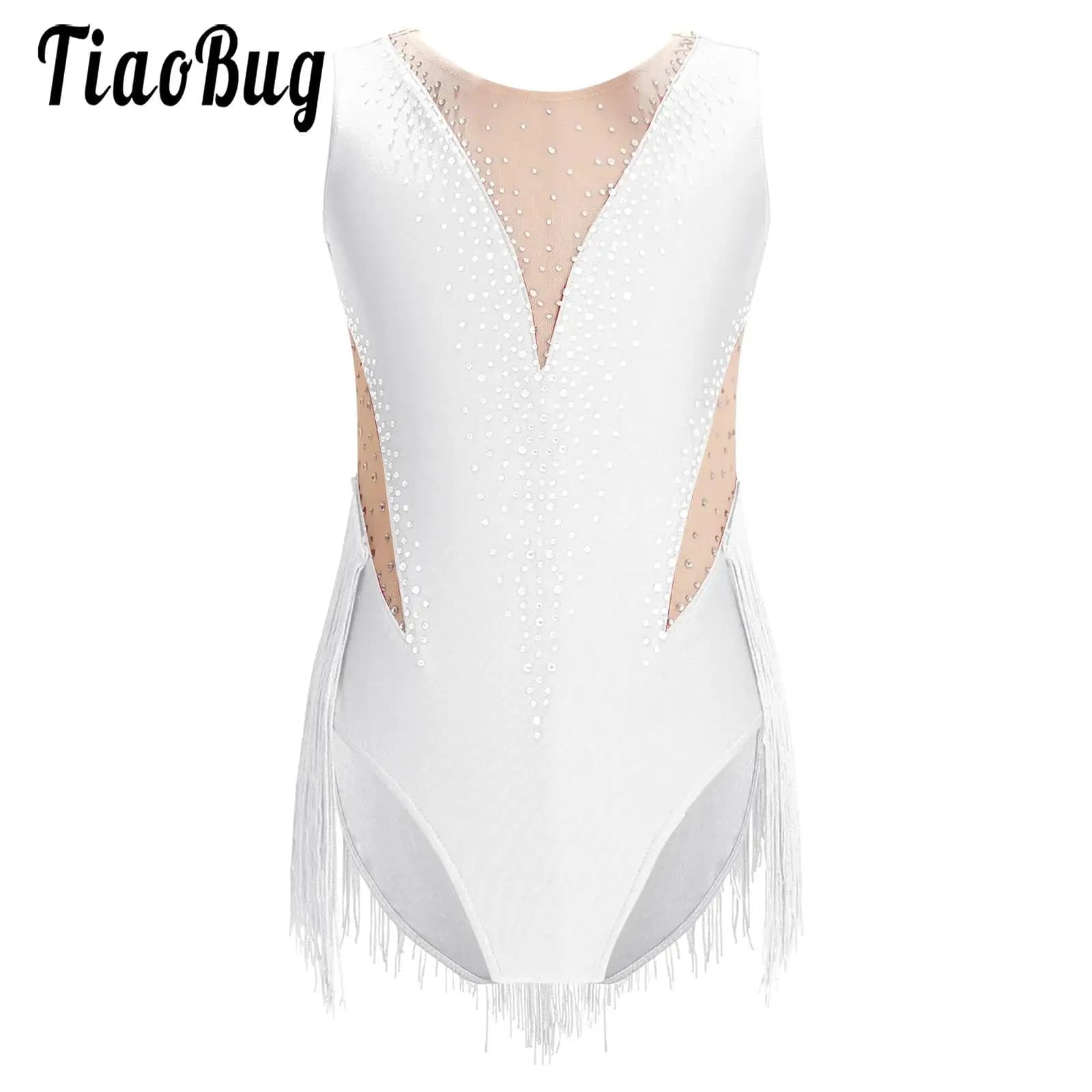 Costume da pattinaggio di figura con strass per bambini per ragazze Body con frange e nappe Tuta Lain Abiti per spettacoli di danza jazz