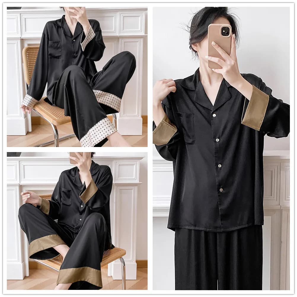 Summer Womens Sleepwear Elegant French Style Long Sleeve Trouser Pijamas Suit Homewear Loose Satin Pyjama