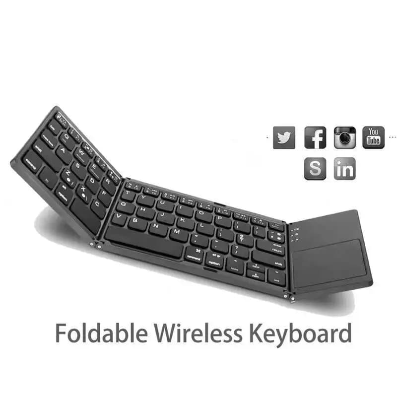 Tastiera Bluetooth Wireless Portatile Pieghevole a Tre Ante con Touchpad, Ricaricabile, Tascabile, Universale per Telefono, iPad, Notebook