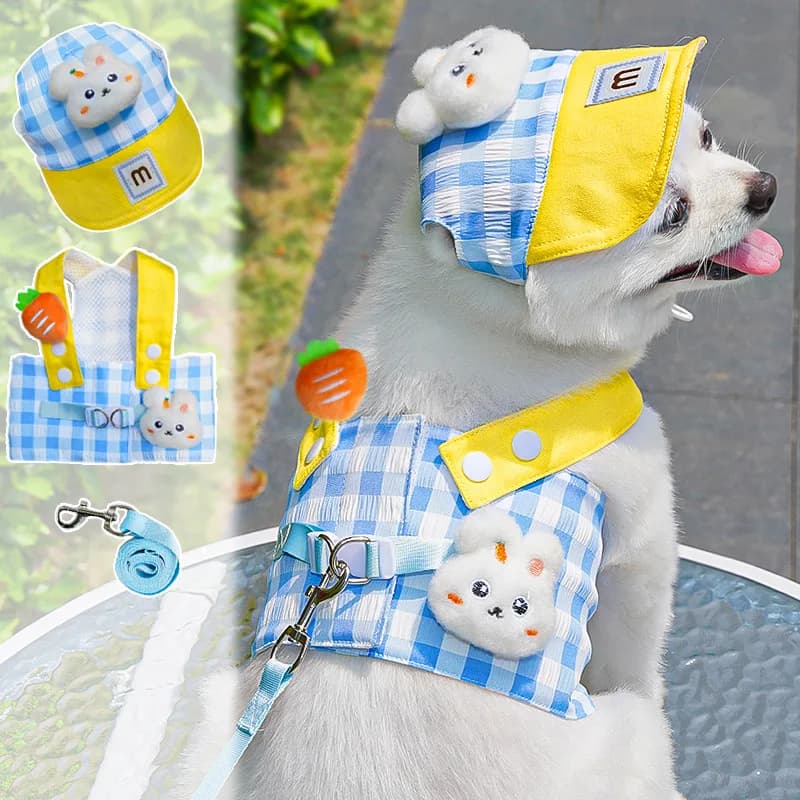 Set 3 Pezzi per Cani: Pettorina, Guinzaglio e Cappello - Abbigliamento Estivo per Cani, Gilet Traspirante Sottile a Quadri con Motivo Coniglio e Rana, Cappellino per Cuccioli - Completi per Cani 2026