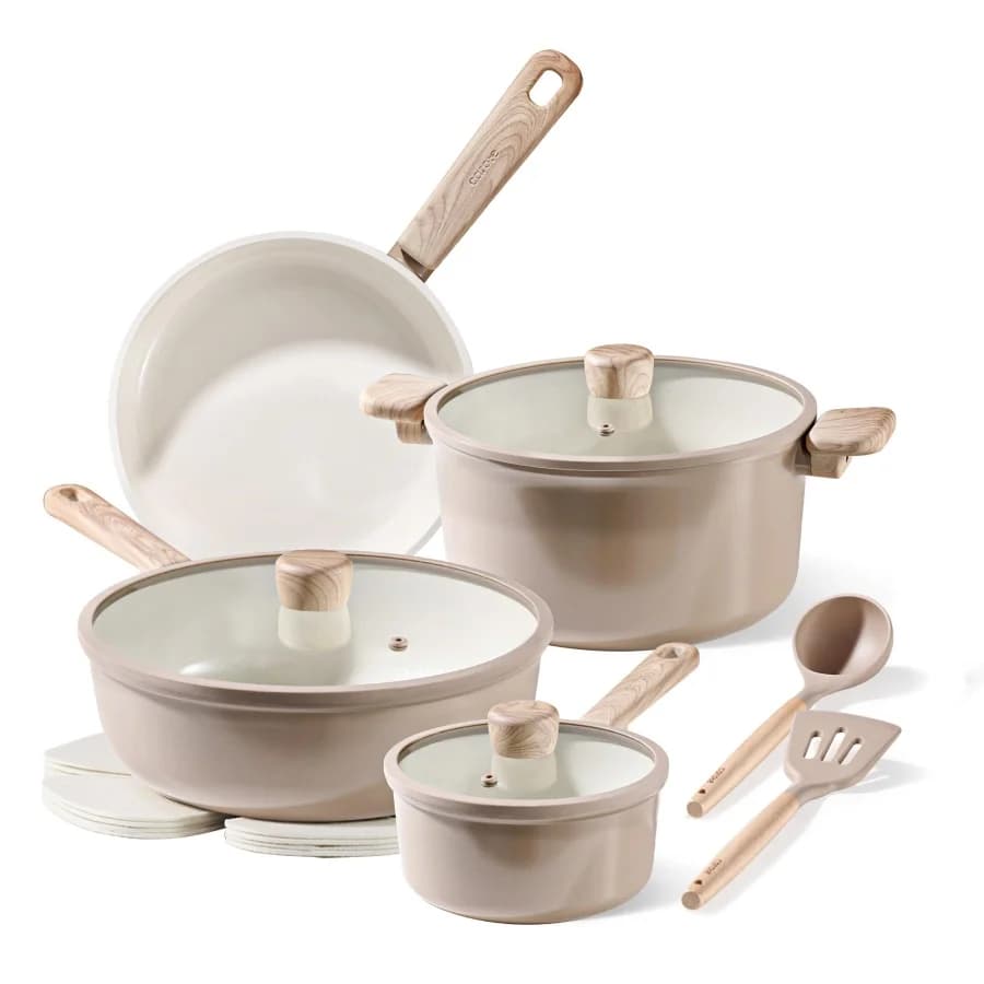 Set di pentole e padelle in ceramica da 12 pezzi antiaderente, set di pentole salutari, senza PFAS PFOA, set da cucina con padelle, tortora