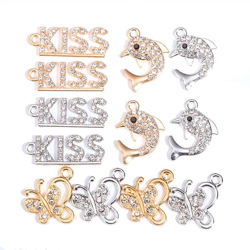 10Pcs Cute Dolphin Butterfly Kiss Letter Alloy Charm Pendant for Women's Earrings Keychain Necklace Handmade Jewelry Ornaments