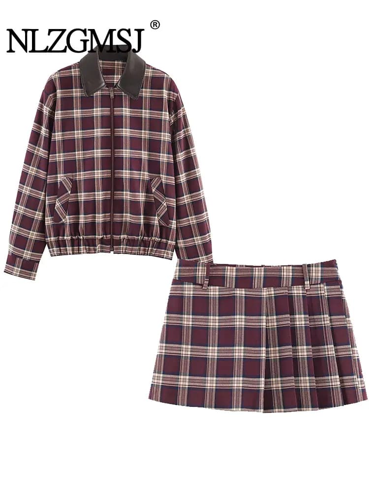 NLZGMSJ 2026 Primavera Autunno Donna Plaid Set Nuova giacca bomber a maniche lunghe Top + Mini Rughe Gonne Set a due pezzi
