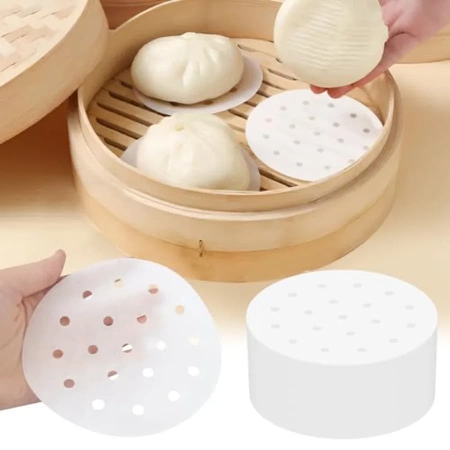 200pcs Air Fryer Liners, 5 Inch Bamboo Steamer Liners, Premium Perforated Parchment Steaming Papers, Non-stick Steamer Mat Line