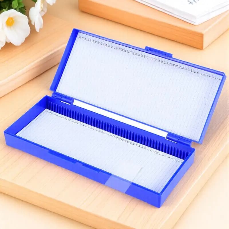 Porta-objettivi per microscopio in plastica blu navy per patologia, con coperchio superiore incernierato, facile da pulire
