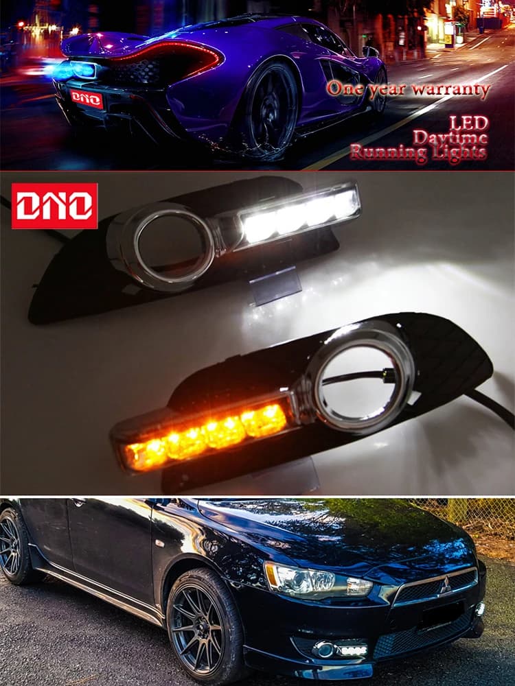 12V LED daylights for cars for Mitsubishi Lancer 2010-2012, yellow direction indicators, daylights, automatic driving lights, fog