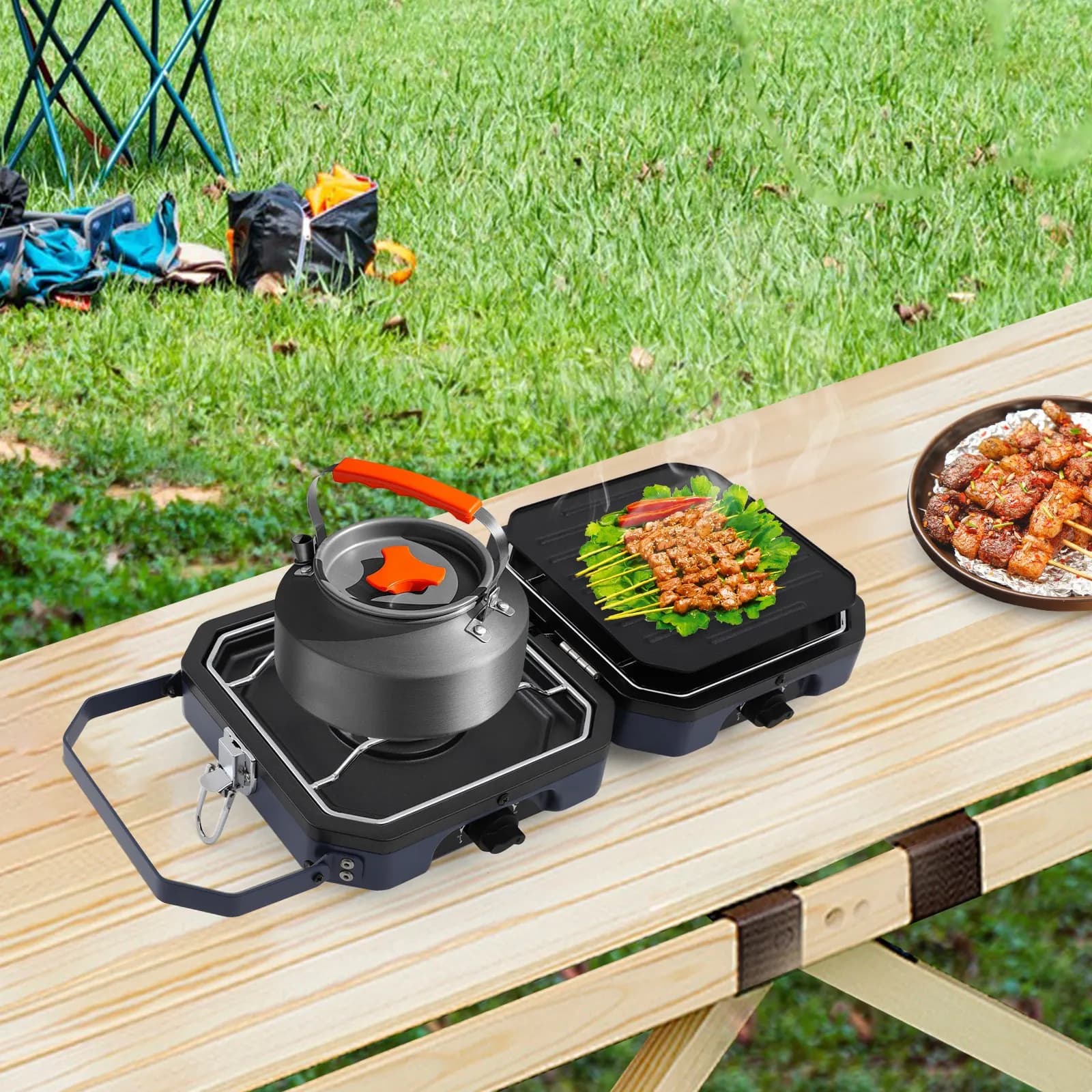 Camping Stove Folding 2 Cookers, BBQ Laptop, Compact Design, Double Handle Control, Non-stick Coating, Quick Heating