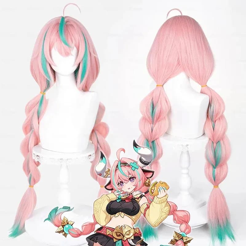 New Halloween Cosplay Varesa Cosplay Wig Genshin Impact Cos Long Braid Pink and Green Mixed Hair Costume Hair with Bangs for Wom