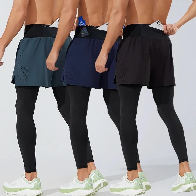 Running Man Sports Pants Multiple Pockets Male Training Jogging Tights 2 In1 Gym Fitness Leggings with Shorts Workout Sportswear