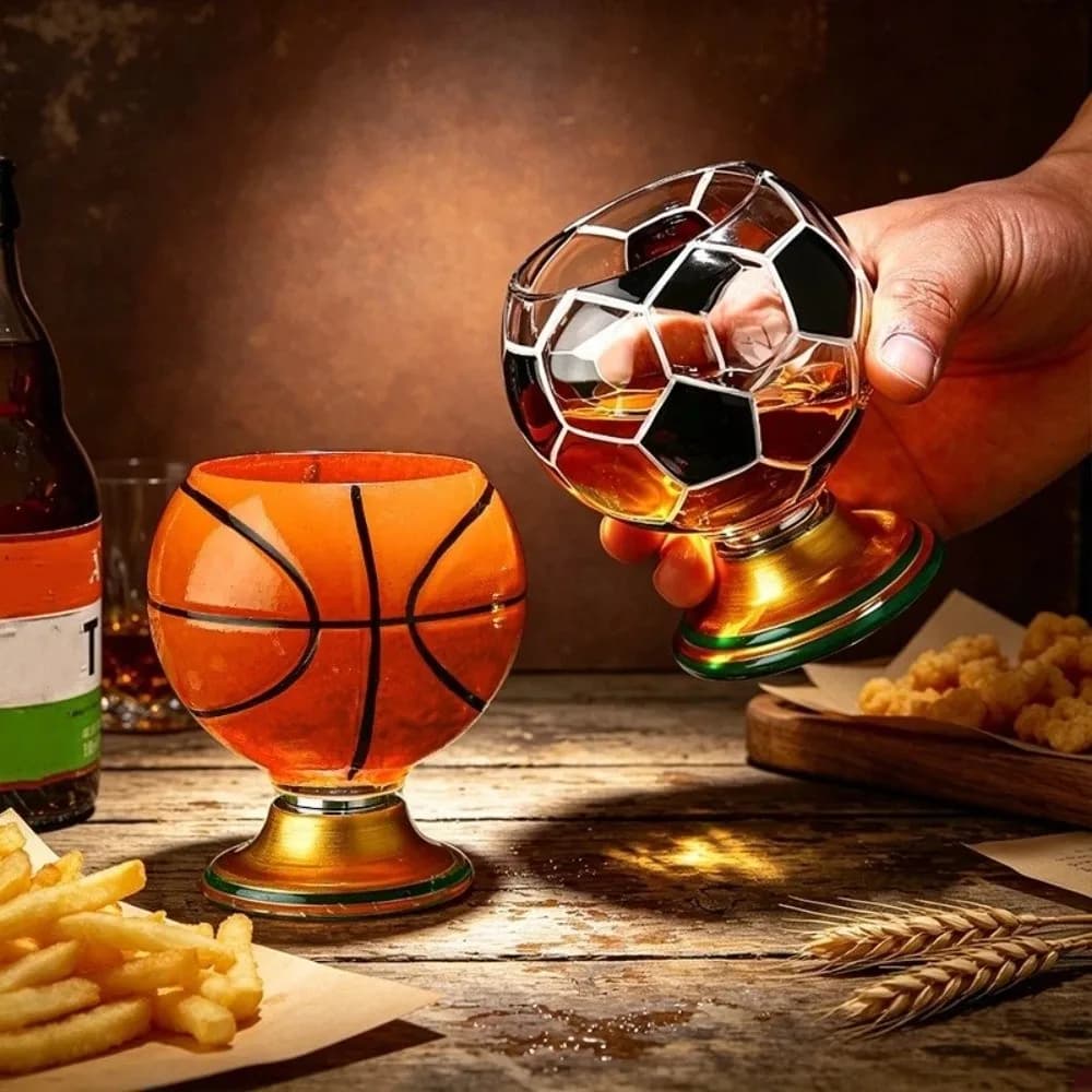 Bicchiere da whisky dipinto a mano a forma di palla sportiva, bicchiere da birra divertente, tazza da cocktail con base rotante ispessita