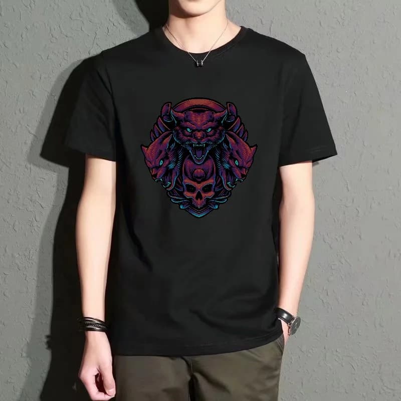 Men's Black Round-Neck Short-Sleeved T-Shirt, Cyberpunk Style Animal Skull Print Top, Street Fashion Casual Versatile, Breathable and Comfortable for Everyday Wear