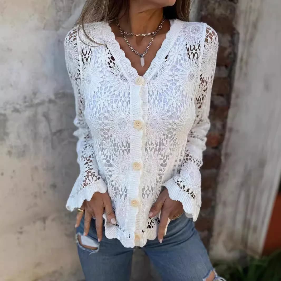 Women Hollow Out Crochet Cardigan V Neck Flare Long Sleeve Button Down Knit Sweater Boho Floral Lace Lightweight Cover Up Shirts