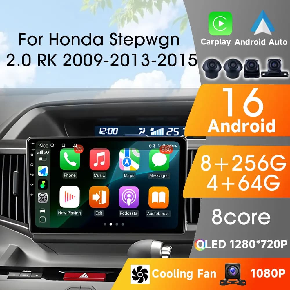 Autoradio Android 2Din con Carplay per Honda Stepwgn 2.0 RK 2009-2013-2015, Android Auto Wireless, Bluetooth, Radio e Video