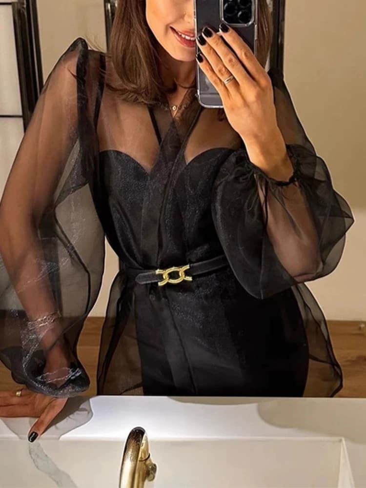 Elegant Women's Shirt with Smooth Sleeves, V Neckline, Transparency and Laccetti in Life, Casual and Sexy Style, Spring Summer 2026