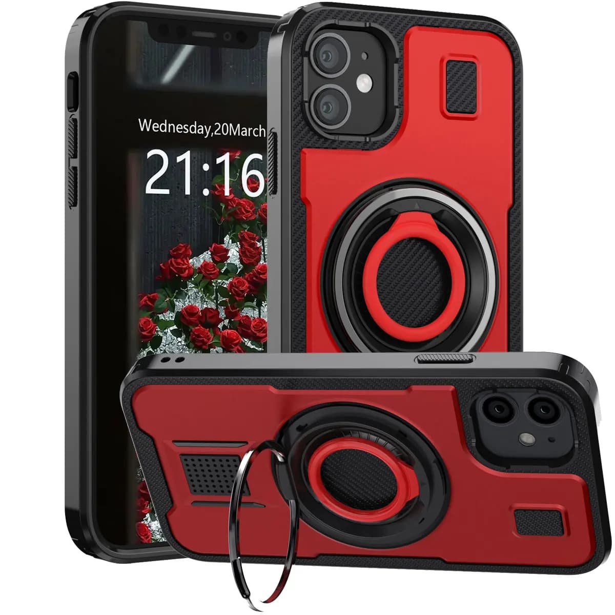 Per iPhone 11 Custodia ibrida antiurto con doppio anello Cavalletto Robusta copertura rigida sottile per telefono Rosso