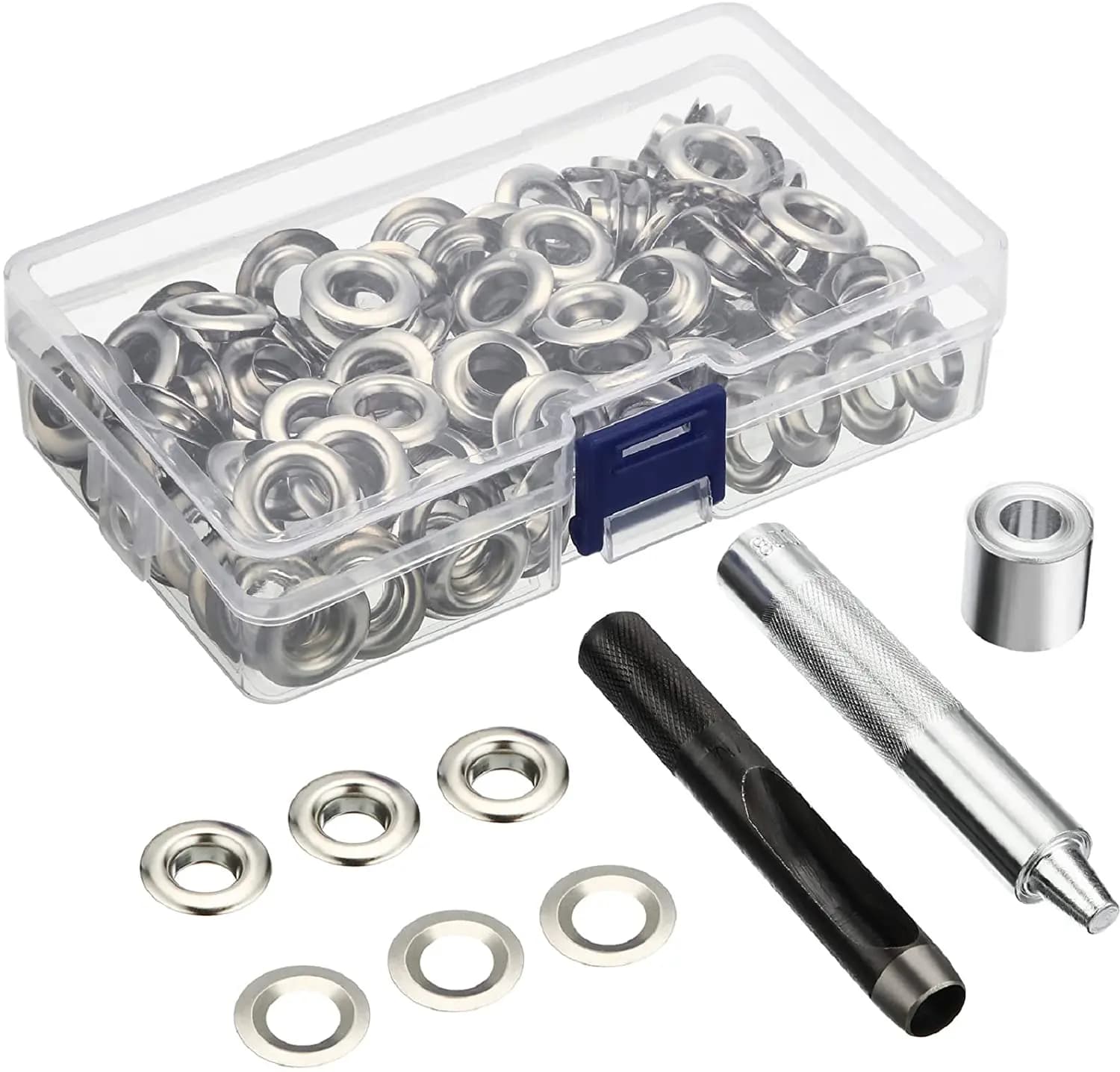 Kit di attrezzi passacavo 100 set occhielli occhielli 6mm 10mm 12mm 14mm diametro interno argento per vestiti scarpe borsa artigianato in pelle fai da te
