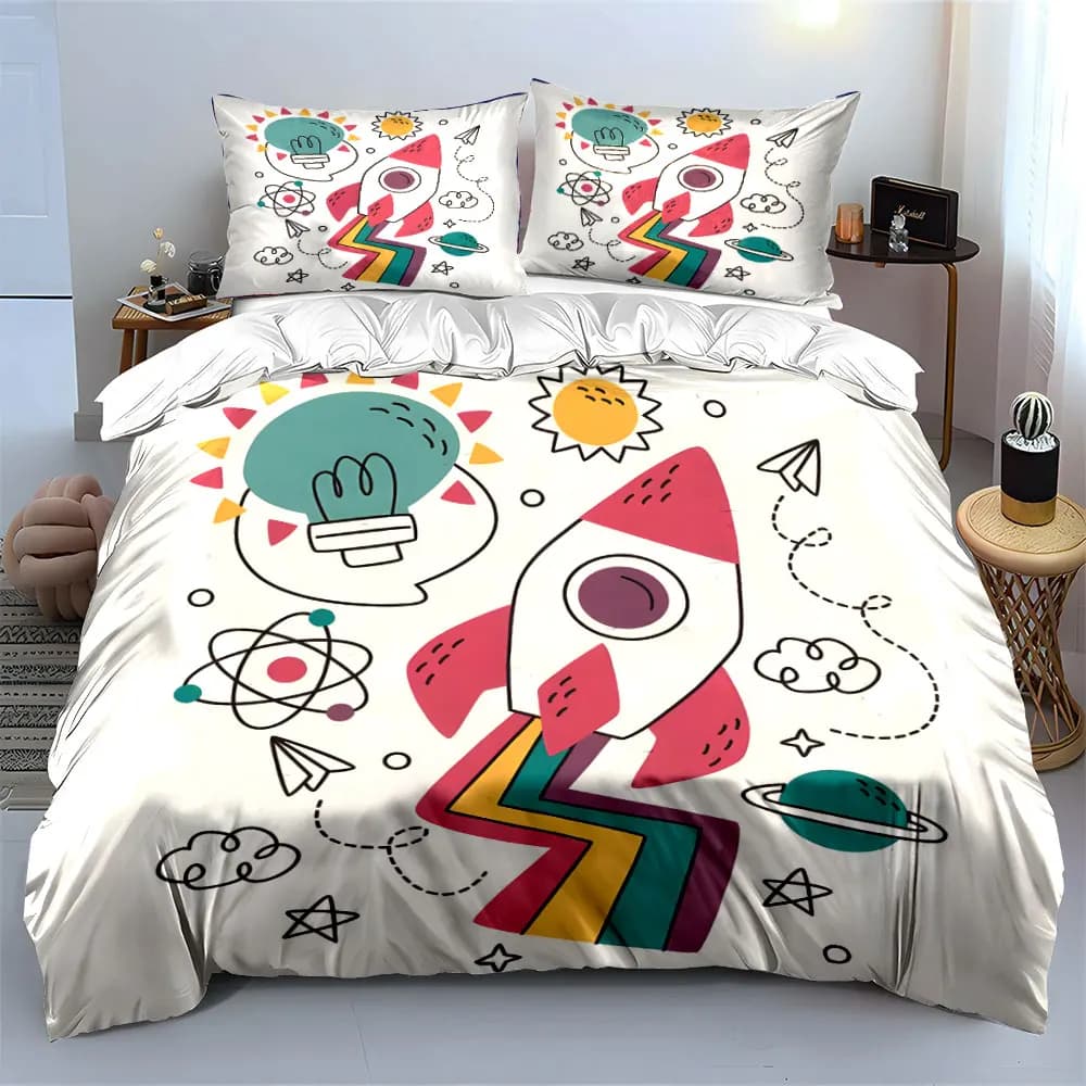 Rocket with rainbow trail and space elements Printed Duvet Cover Set 1Duvet Cover+2 Pillowcase Multi Size Bedroom Bedding Decor