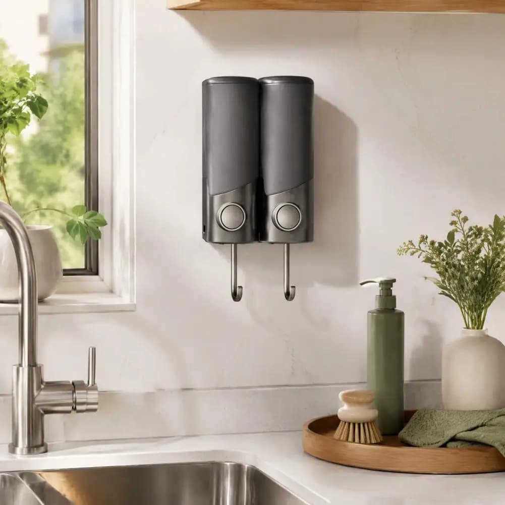 Wall Mount Dispenser Shampoo Conditioner Dispenser 3-chamber Wall Mount Dispenser Capacity Shower Liquid with Hooks for Bathroom