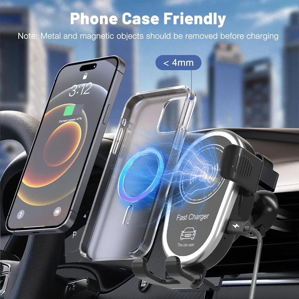 Caricabatterie Wireless Magnetico per Auto 15W, Supporto Telefono con Bloccaggio Automatico per iPhone 15 14 13 12 Samsung S24 S23, Ricarica Rapida