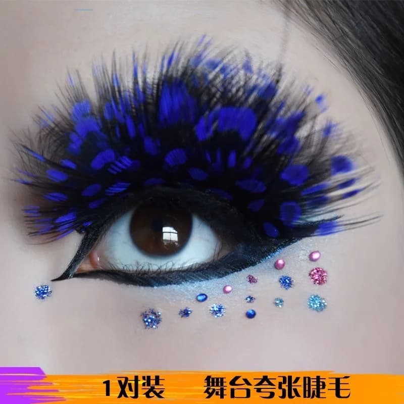 1 paio di ciglia finte effetto piuma blu macchiettata, per trucco artistico e creativo, ciglia spesse per un look accattivante