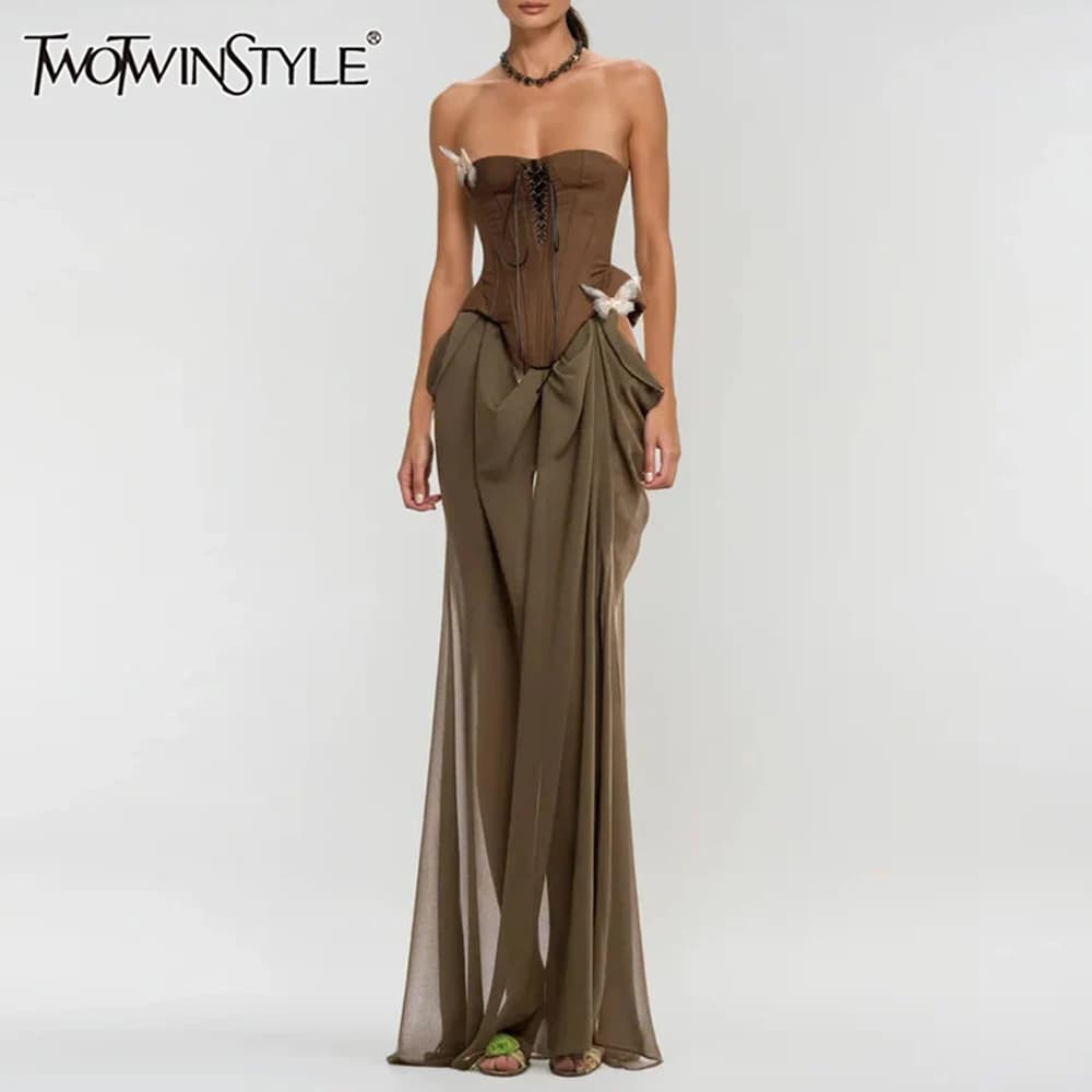 TWOTWINSTYLE Colorblock Slimming Spliced Applique Dresses for Women Strapless Sleeveless Patchwork Mesh Midi Dress Female New