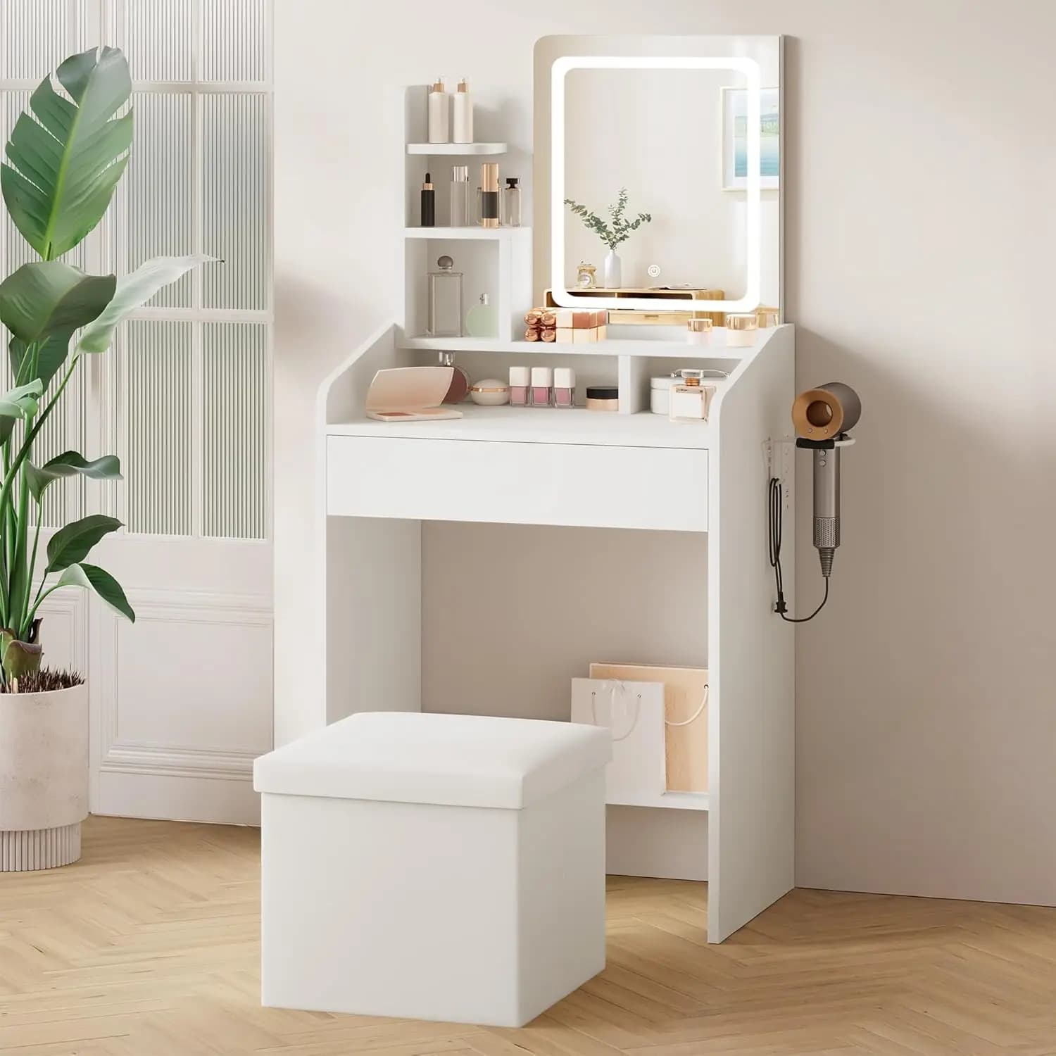 Set da toeletta piccolo con specchio illuminato e stazione di ricarica, scrivania trucco moderna bianca con sgabello contenitore, asciugacapelli, personalizzabile