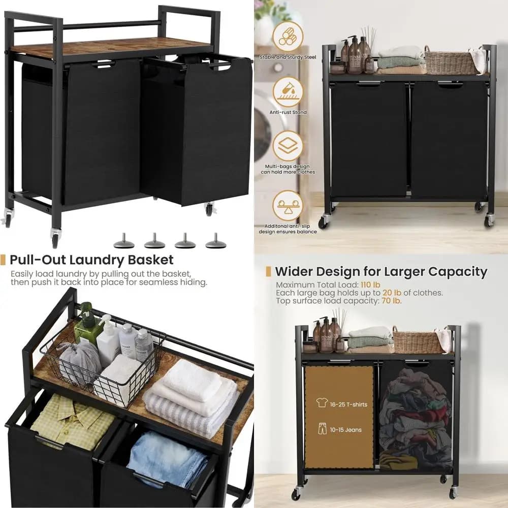 Basket for Bucato in Double compartment with Wheels, Ideal for Classification of Home Clothes