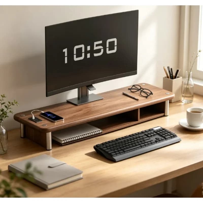 Solid Wood Monitor Stand Riser with Support Shelf for Desktop PC, Laptop, Ergonomic Screen Riser Organizer for Office Desk